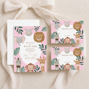 Wild One Girls' Jungle Safari Pink Birthday Thank You Card