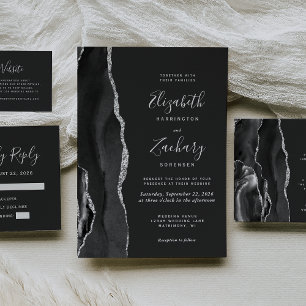 Modern Black Silver Agate Dark Wedding Invitation