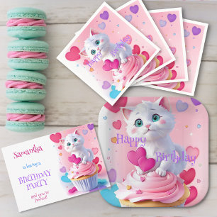 Fun Cute White Kitten Cupcake Girly Birthday Party Paper Plates