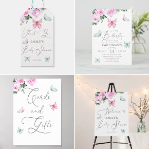 Butterfly on the Way Pink Roses Girl Baby Shower Invitation