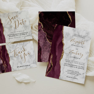 Modern Burgundy Gold Agate Marble Wedding Invitation