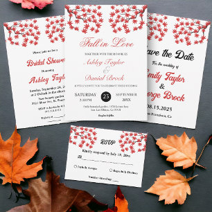 Elegant Rustic Fall Red Leaves Boho Autumn Wedding Invitation