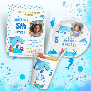 Dolphin Themed Sea Animal Kids Birthday Photo Invitation