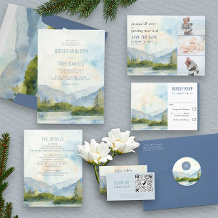 Mountain Lake Watercolor Pine Tree Wedding Invitation