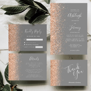 Modern Peach Glitter Edge Gray Wedding Invitation