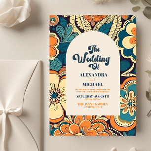 QR Code Colorful Groovy Retro 70s Floral Wedding All In One Invitation