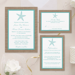 Turquoise Starfish Burlap Beach Wedding Collection All In One Invitation