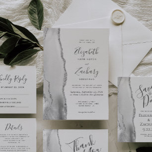 Modern Gray White Silver Agate Wedding Invitation
