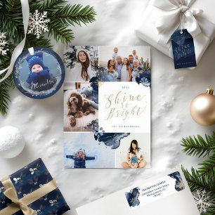 Elegant Navy Watercolor Ink & Jewels Photo Wreath Ornament