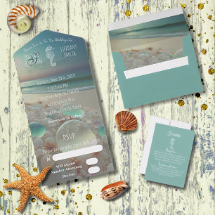 Sea Glass Seahorse Beach Wedding  All In One Invitation