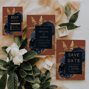 Floral Navy Blue Rust Gold Wedding Save the Date Invitation