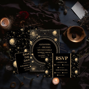 Mystical Black Gold Celestial Galaxy Wedding Envelope