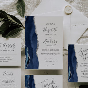 Modern Navy Blue Silver Agate Wedding Invitation