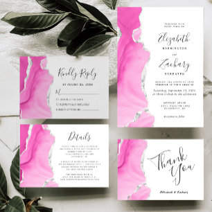 Modern Pink Silver Agate Wedding Invitation