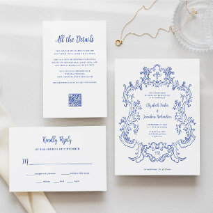 Regal Blue   Vintage Baroque Frame Wedding Invitation
