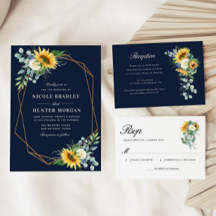 navy blue Sunflower white peony wedding Invitation