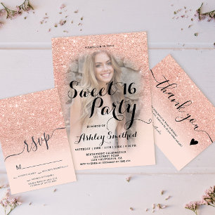 Rose gold glitter typography pink VIP Sweet 16 Invitation