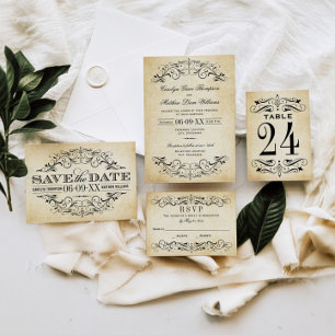 Vintage Rustic Black Flourish Parchment Wedding RSVP Card