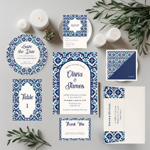Personalized Blue Mediterranean Tile Wedding Napkins