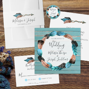 Rustic Turquoise Wood Feathers Wedding Invitation