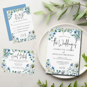 Blue White Peony Floral Chic Spring Garden Wedding Invitation