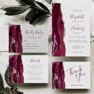 Modern Burgundy Silver Agate Light Gray Wedding Invitation