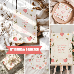 Berry First   Cute Strawberry Girl 1st Birthday Invitation