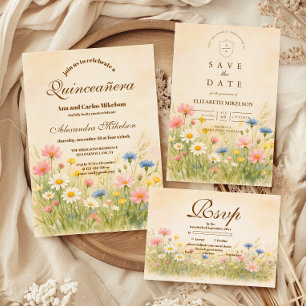 Wildflower Meadow Gold Quinceañera Invitation