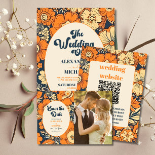 QR Code Colorful  Groovy Retro 70s Floral Wedding Invitation