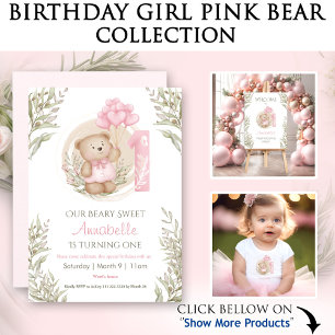 1st Birthday Cute Bear Girl Pink Number One Name Baby T-Shirt