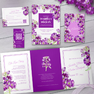 Purple stock flowers wedding unsave the date round invitation