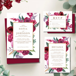 Romantic Luxe Red Maroon Watercolor Floral Wedding Invitation