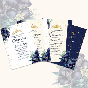 Gold Glitter Tiara Royal Blue Floral Quinceanera Invitation