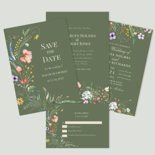 Sage Green Watercolor Wildflower Meadow Wedding Invitation