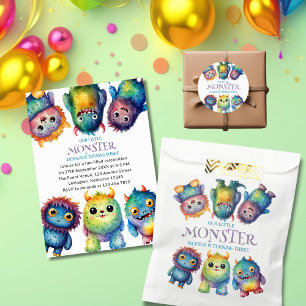 Cute Cuddly Colorful Little Monsters Kids Birthday Invitation
