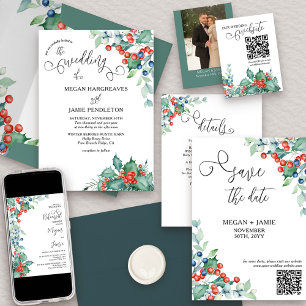 Elegant Script Holly and Winter Berries Save The Date