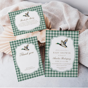 Modern Mallard Duck Neutral Gingham Baby Shower Invitation