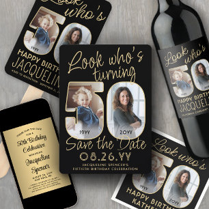 Look Who's 50 Black & Gold 2 Photo Birthday Party Banner