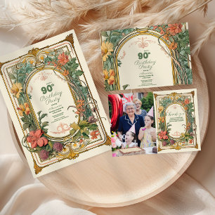 Vintage Floral Art Nouveau 90th Birthday Invitation