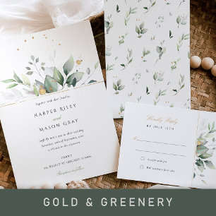 Whimsical Watercolor Green & Gold Foliage Wedding Invitation