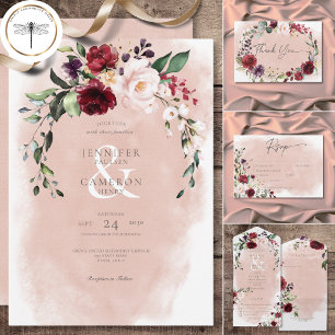 Rustic Burgundy & Blush Pink Roses Wedding Thank You Card