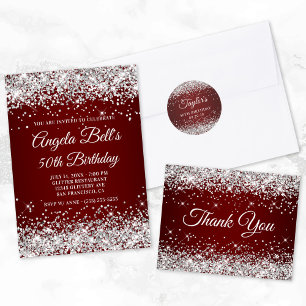 Sparkly Silver Glitter Dark Red 50th Birthday Invitation