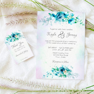 Budget Blue teal green flowers wedding invitation