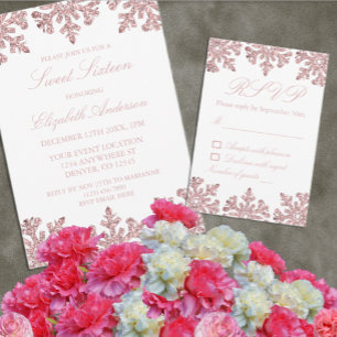 Pink Rose Gold Snowflake Winter Sweet 16 RSVP Card