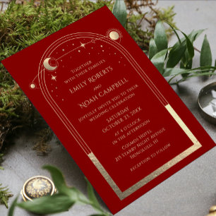 Mystical Red Gold Sun Moon Stars Celestial Wedding Table Number