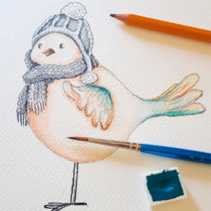 Winter Cute Sparrow Illustration Holiday Card