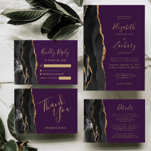 Modern Black Gold Agate Deep Purple Wedding RSVP Card