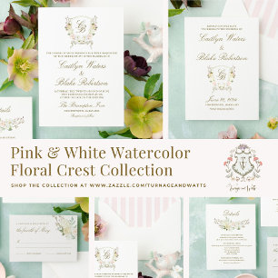 Watercolor Rose Hydrangea Wedding Crest Invitation