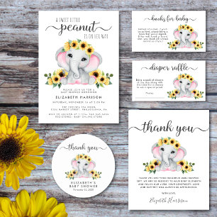Elephant Sunflowers Pink Watercolor Baby Shower Invitation