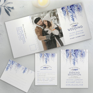 Watercolor vine dark blue gray winter wedding RSVP All In One Invitation